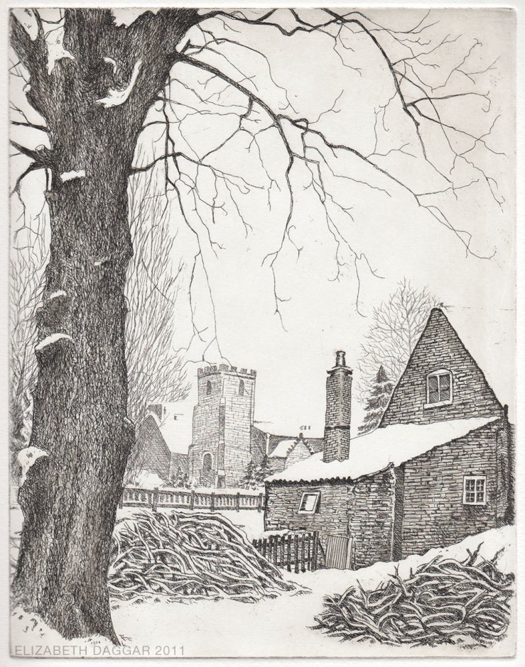 copperplate etching of a scene in snow