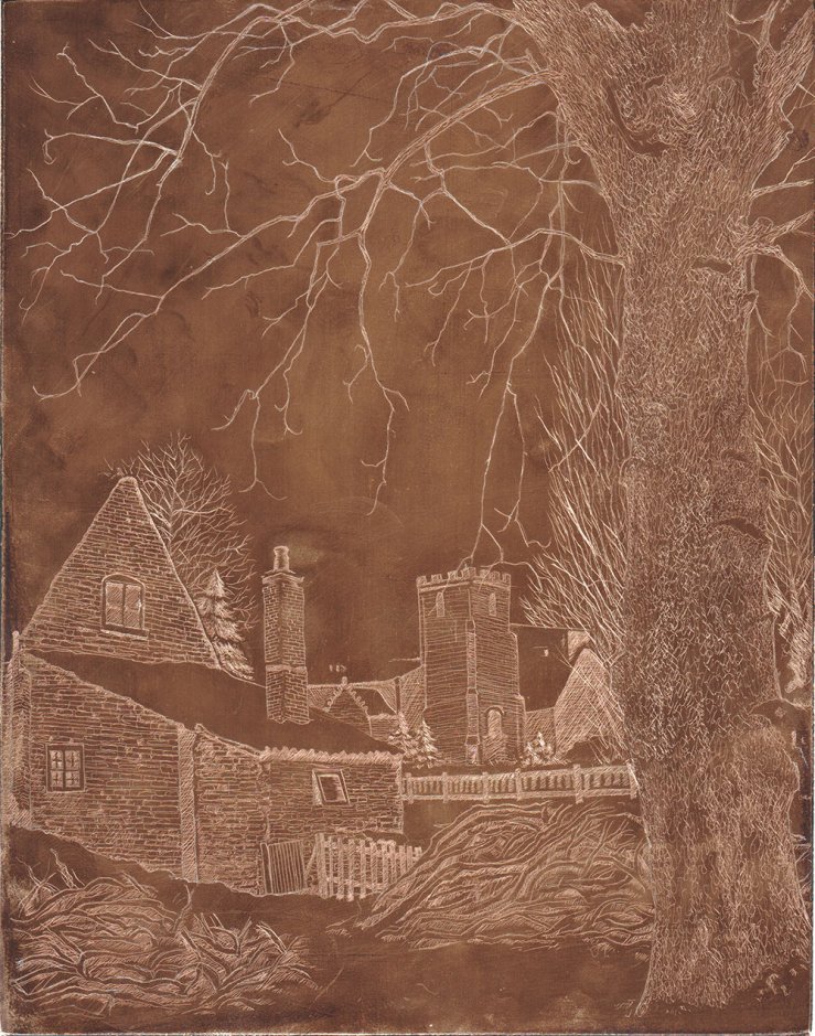 copper plate in progress of Cottage under Snow
