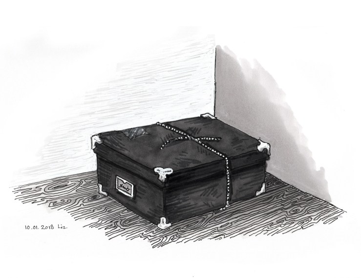 Inktober: ink drawing of a box tied with twine