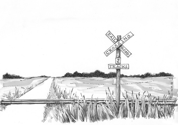 ink drawing of a railroad crossing