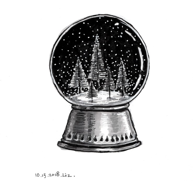 drawing of a snow globe with trees