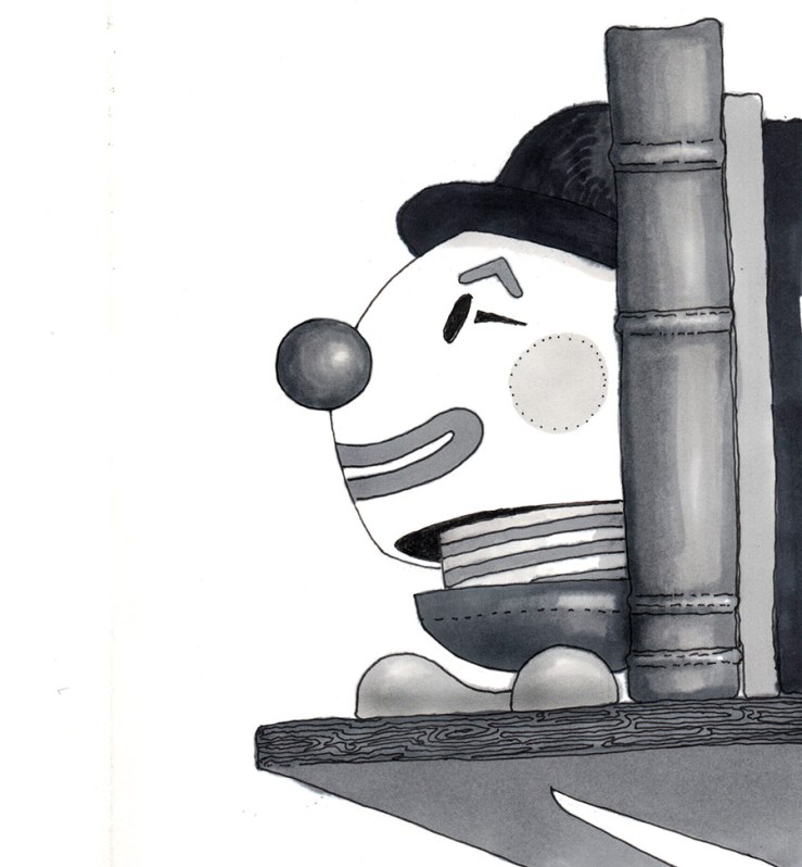 Ink drawing of a clown toy as bookend
