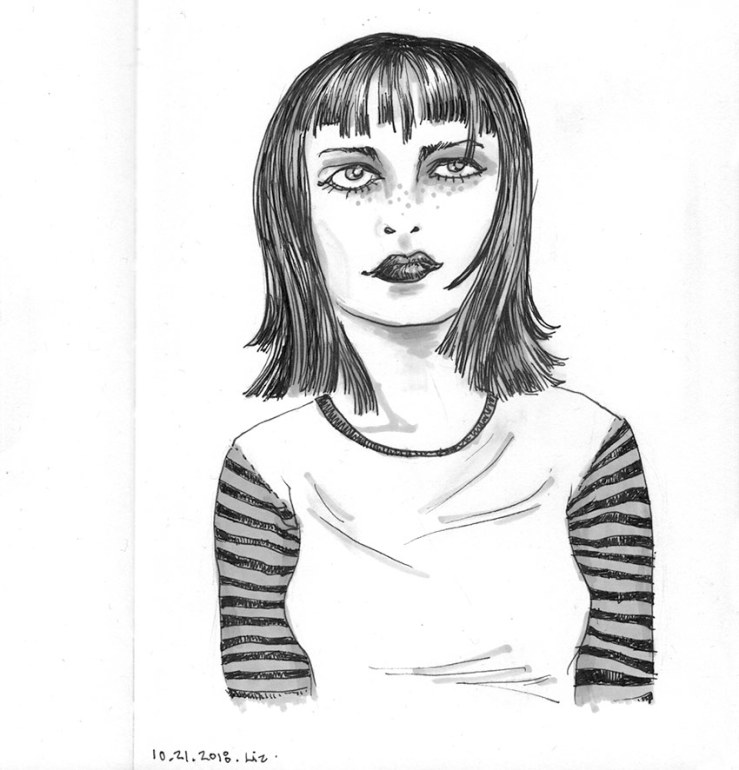 ink drawing of a freckled young woman