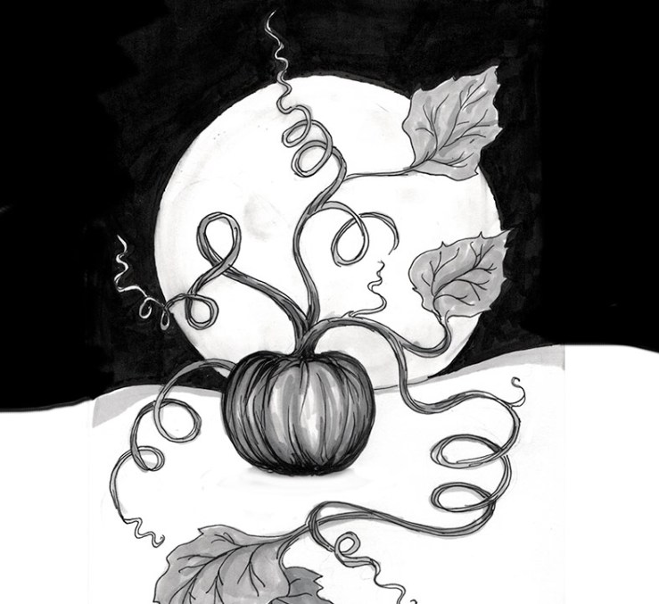 ink drawing of a pumpkin on a full moon night