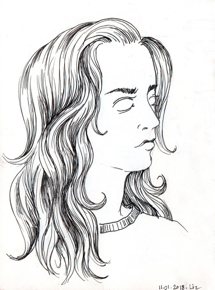 ink drawing of a woman with long hair