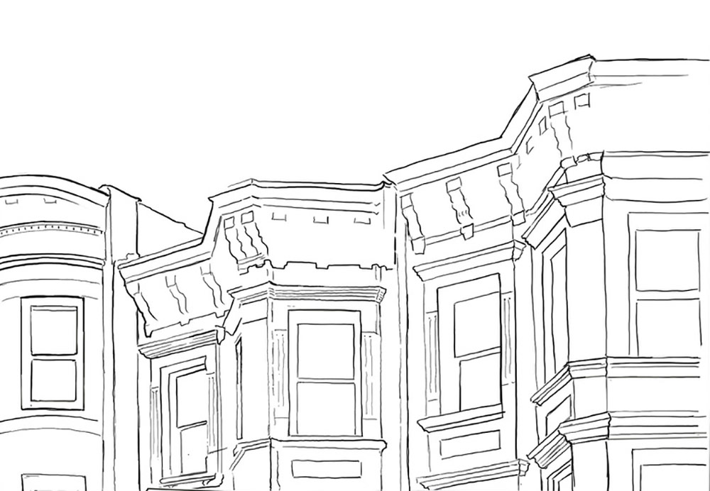 line drawing of the windows of a row of brownstones