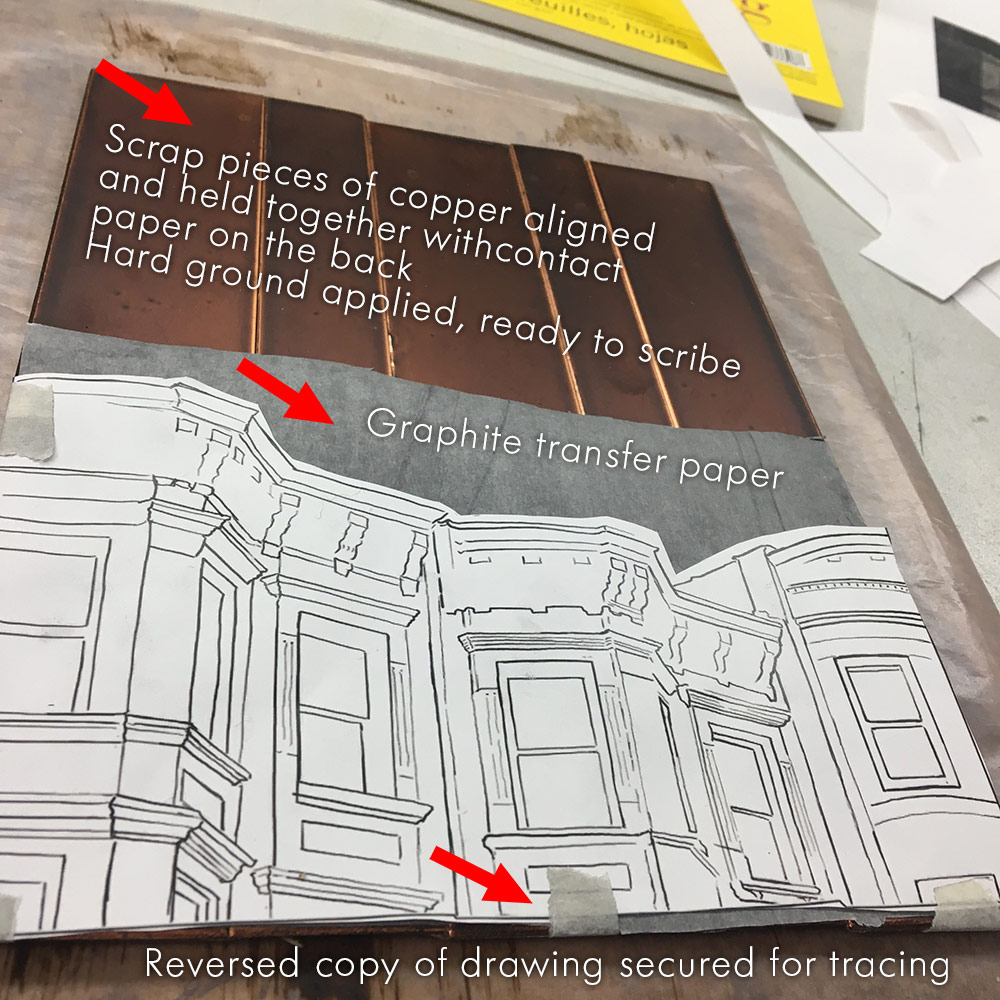 Photo showing the drawing taped to copper strips with graphite transfer paper in between