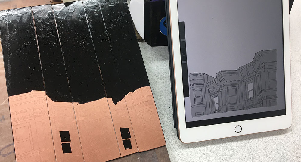 Image of an etching plate in progress, next to a reference image on iPad