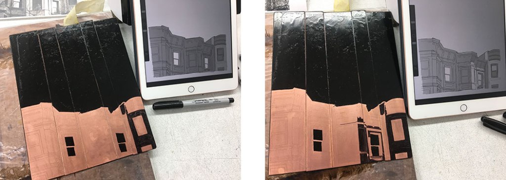 Images of an etching plate in progress, next to a reference image on iPad (2)