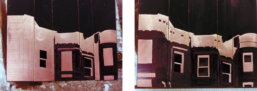 Image of an etching plate in progress, with ever more masked out reas