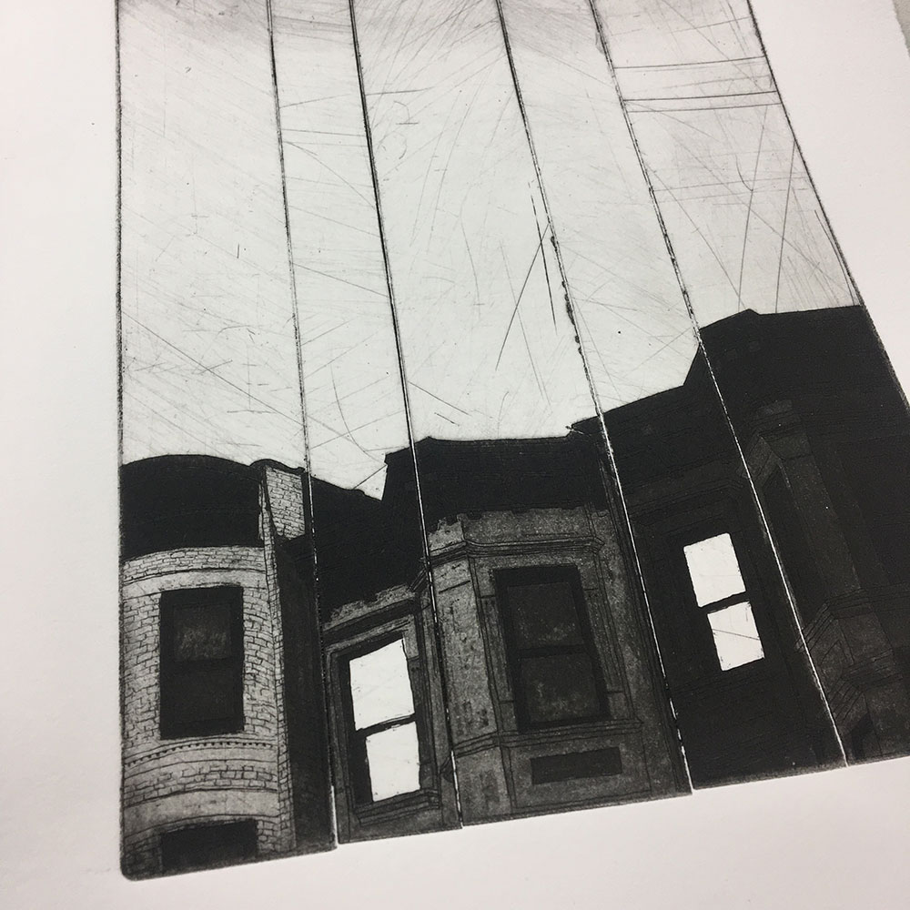 Close up image of a test-print of the aquatint after finishing the acid dips
