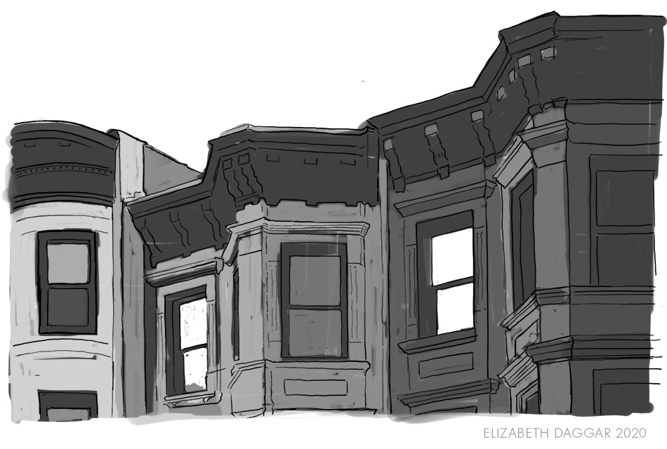 sketch of the tonal shades I will apply to the brownstones using aquatint 
