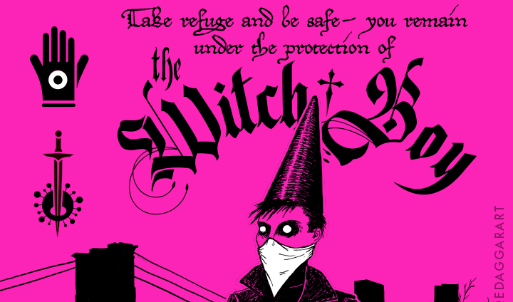 Portion of a talisman design featuring a drawing of the With-Boy, masked and carrying 70% isopropyl alcohol