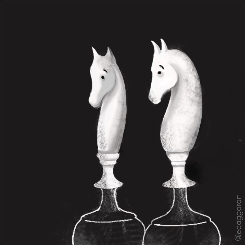 Digital ink drawing of two worried-looking cheese knight horses in a black void