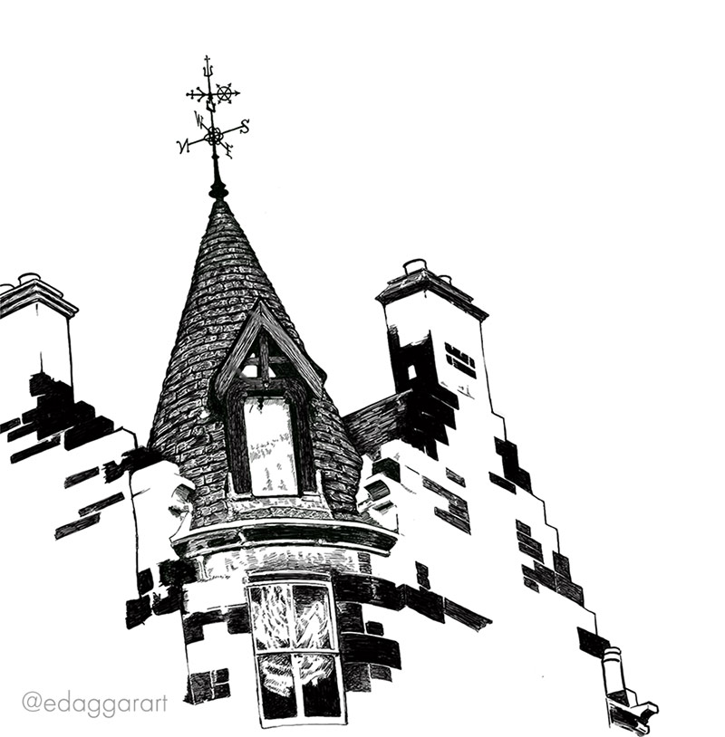 Digital ink drawing of a weathervane on top of a round tower, part of a sandstone building in Edinburgh
