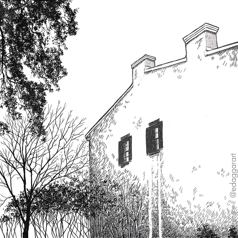 Digital ink drawing of an old house and trees