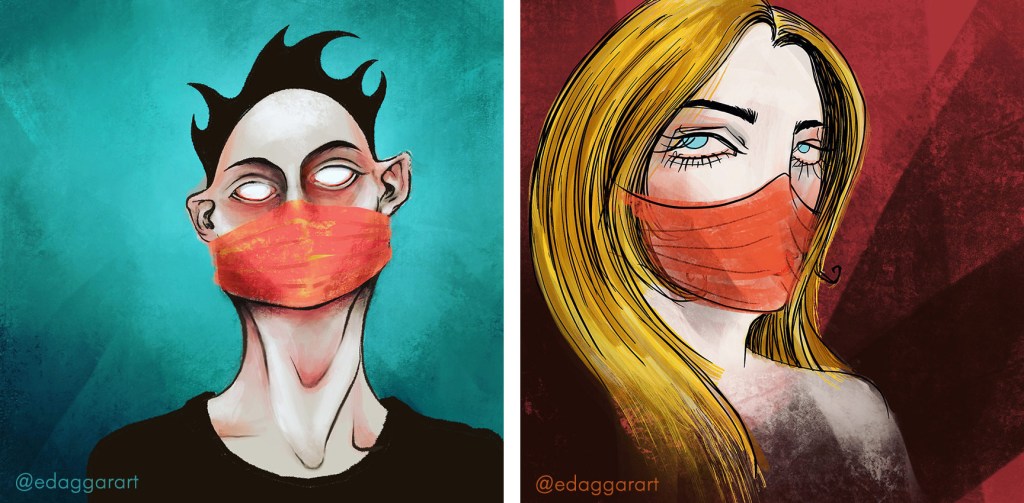 Two illustrations of people in masks