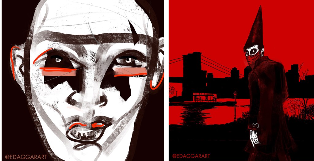 Two illustrations of people in masks, red and black, very intense