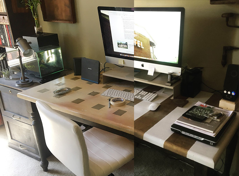 Spliced photos showing before and after of a desktop refinish