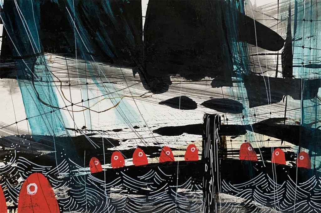 Acrylic painting of a line of red figures, the Ohms, marching across a causeway under stormy skies
