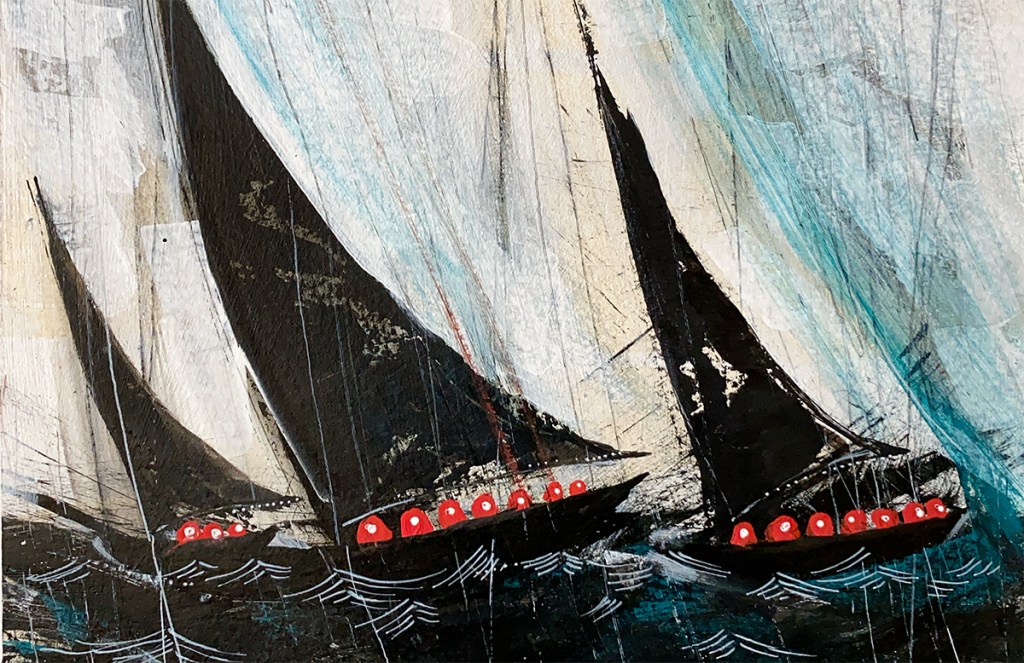 A painting of small red figured in sailboats on a rough sea
