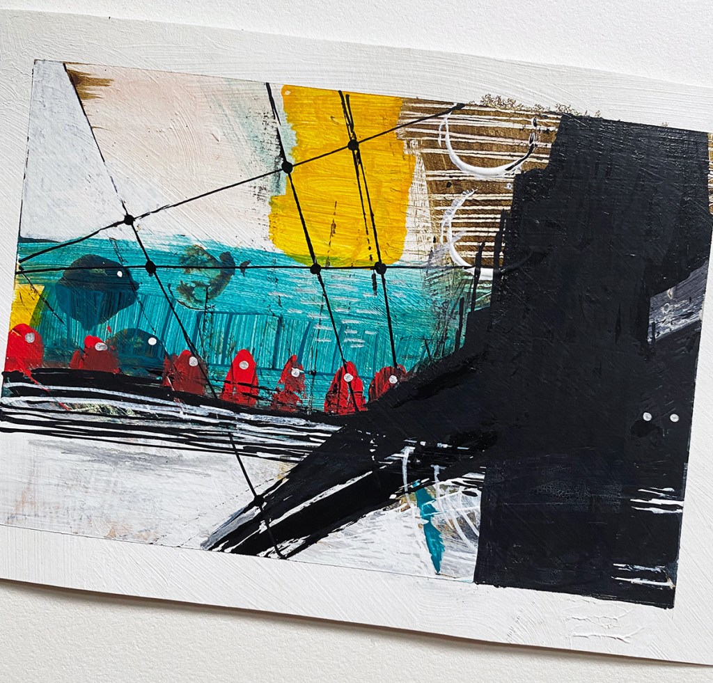 Acrylic painting on paper showing small red figured in an abstract landscape seen through ship rigging