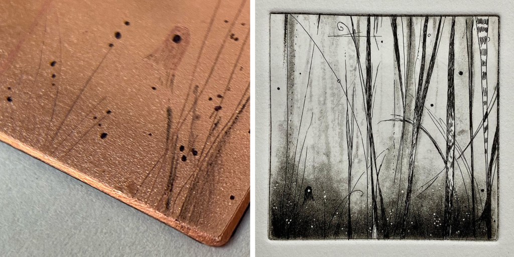 Left: photo of part of an abstract design on a copper etching plate with aquatint applied
Right: photo of a print of the same plate