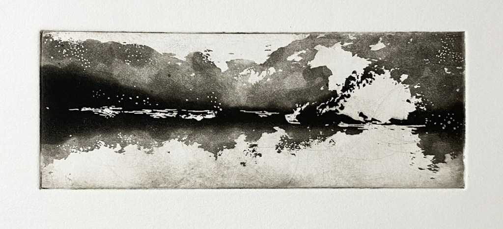 Semi-abstract landscape print of an etching using sugar-lift and spit bite techniques