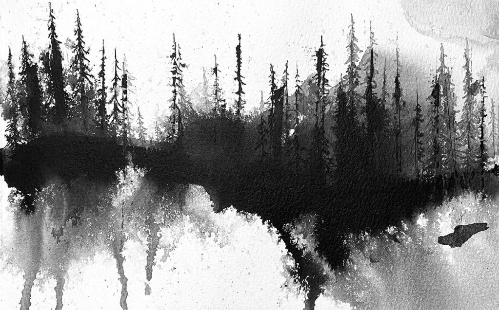 Black and white ink painting of pine trees on a snowy mountain